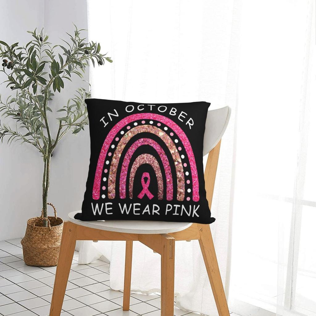 October We Wear Pink Rainbow Breast Cancer Awareness Ribbon Pillow Case Cushion Covers Decorative Pillowcase for Home 40x40cm