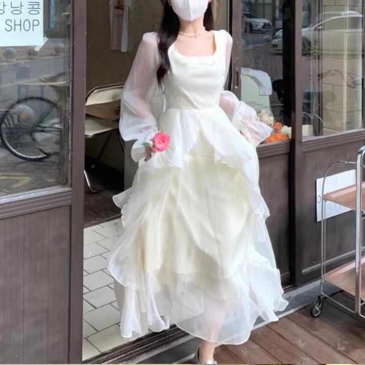 French Dress 2026 Spring and Summer New Square Collar Design Sense Niche Fairy Mesh Long Dress Ruffle Edge Fairy Skirt