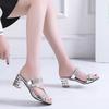 Fashion Thick Heel Fish Mouth Sandals Women Wear with Rhinestones Outside Large Size Sexy Round Head Medium Heel Cool Slippers Outside