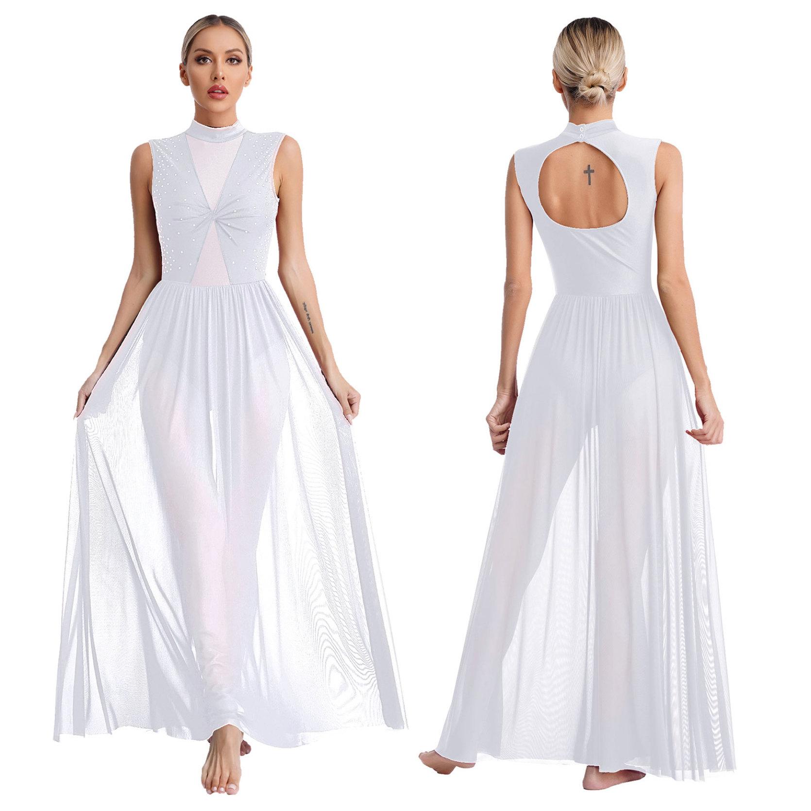 

Лирическое современное танцевальное платье, сценический костюм, однотонный купальник без рукавов с открытой спиной, прозрачный сетчатый купальник, танцевальная одежда XXL белый