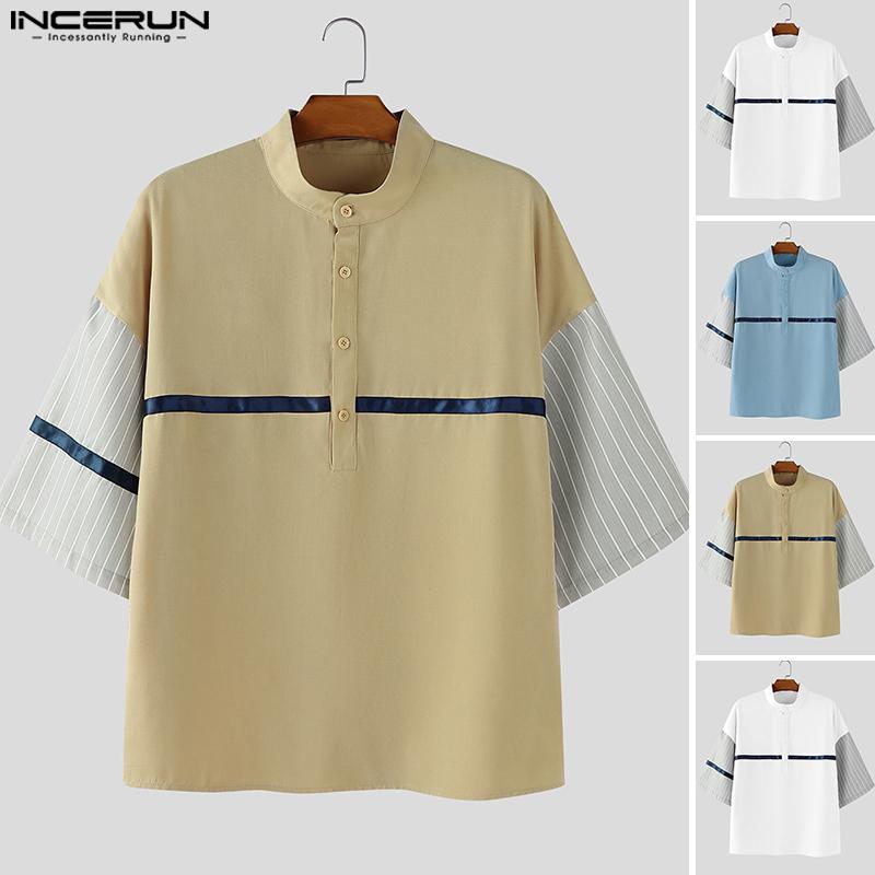 INCERUN Oversized Men Casual Loose Half Sleeve Stitching Striped Shirts