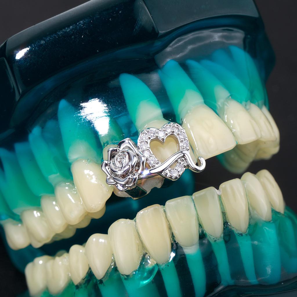 Bling Ready Stock Hip Hop Double Rose Heart Cubic Zirconia Grillz Brass Micro Pave Iced Out Teeth Jewelry Tooth Decor