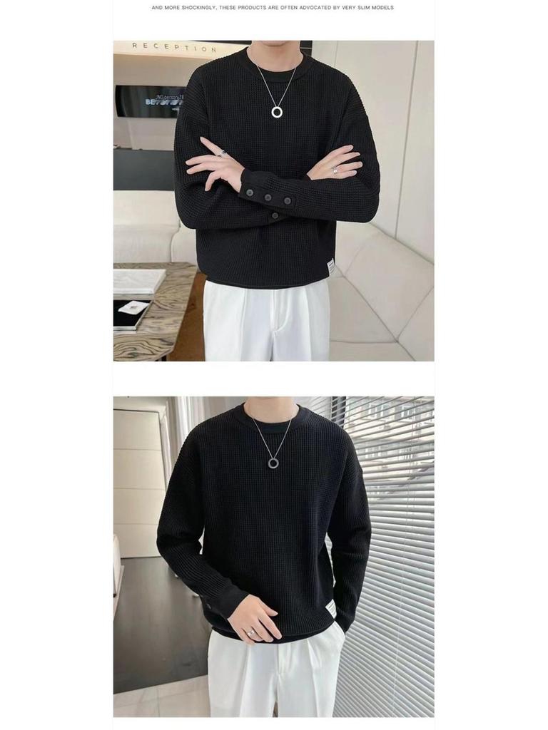 Men's Waffle Sweatshirt - Fleece-Lined, Loose Fit, Warm Autumn/Winter Trendy Top