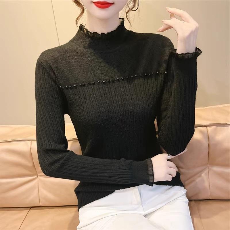 Premium Beaded Semi-turtleneck Knitted Top Women's Spring Niche Lace Bottoming Shirt with Sweater Inside