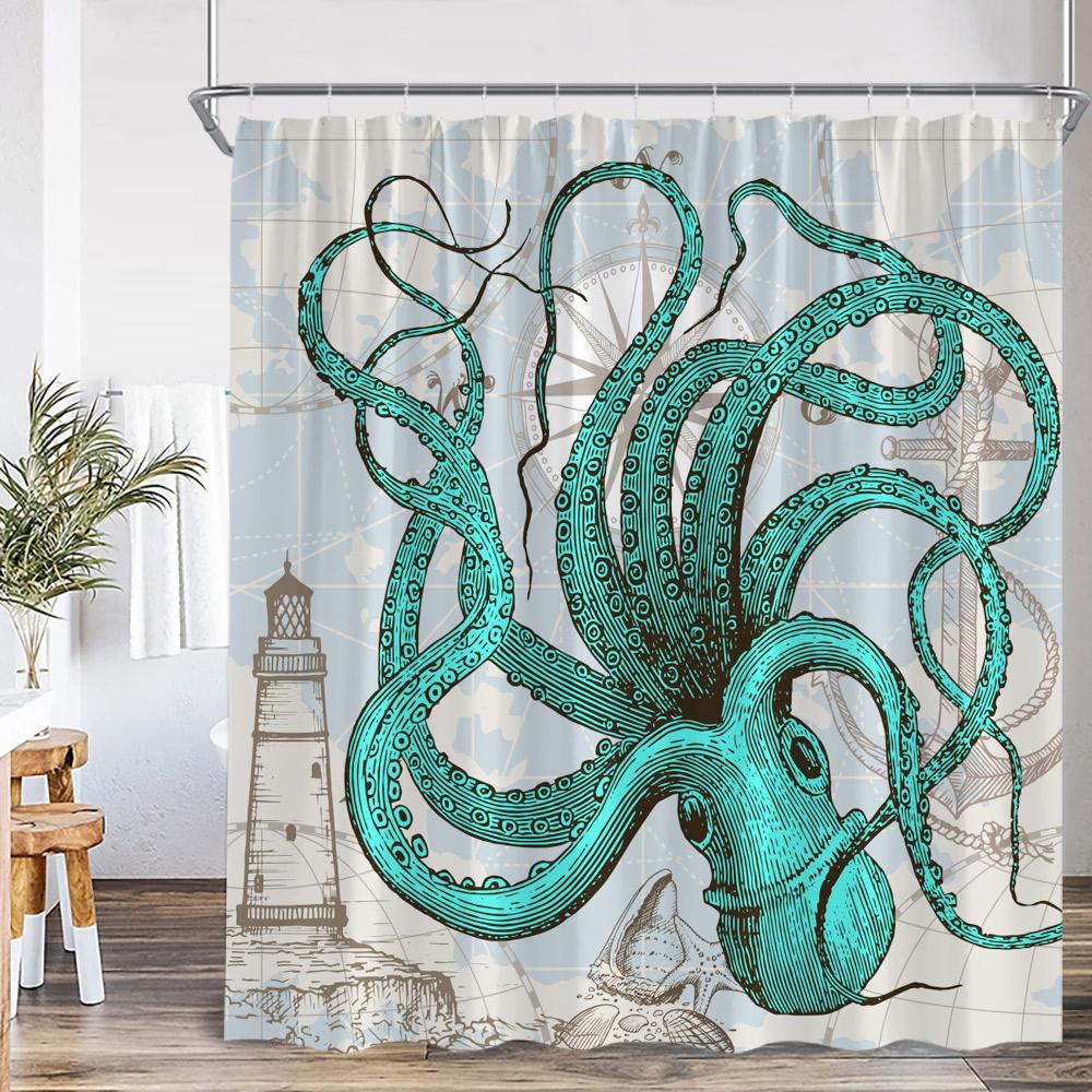 Octopus Nautical Shower Curtain Ocean Animal Wave Marine Life Map Vintage Bathroom Decor Sea Kid Child Bath Curtain With Hook