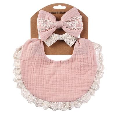 Reversible Bib and Headband Set with Bow Vintage/Boho Style Muslin Bib with Lace Trim