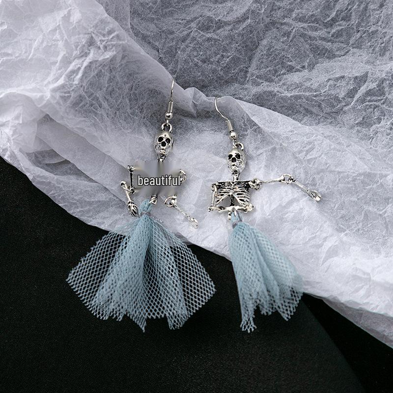 Hot-Selling Halloween Skull Dangle Earrings: Blue Mesh Punk Skeleton Earrings for Women