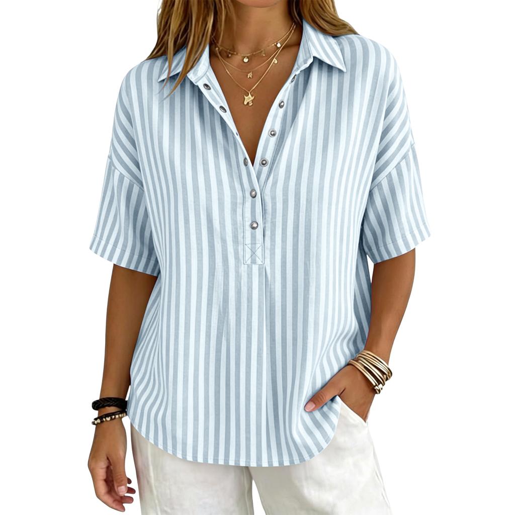 Women Striped Collared Button Down Short Sleeve Loose Fit Casual Top Lightweight Blouse for Everyday Wear Office School Travel