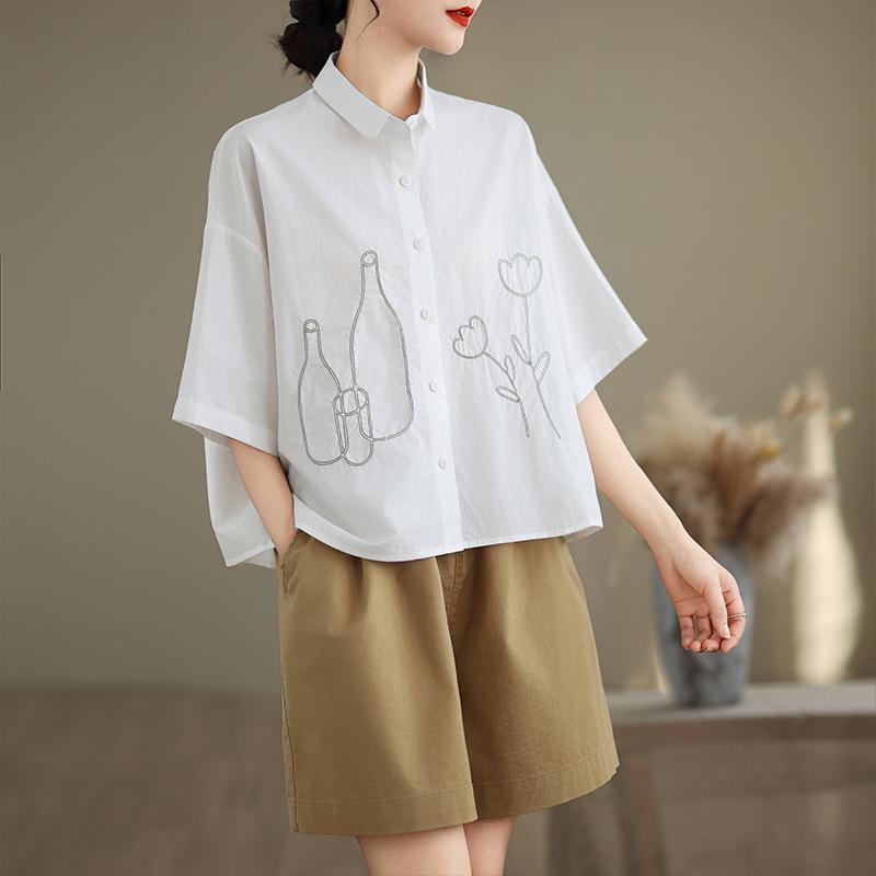 DIMANAF 2026 Women Plus Size New Summer Blouse Shirt Short Sleeve Embroidery Casual Loose Lady Tops Shirts Cotton