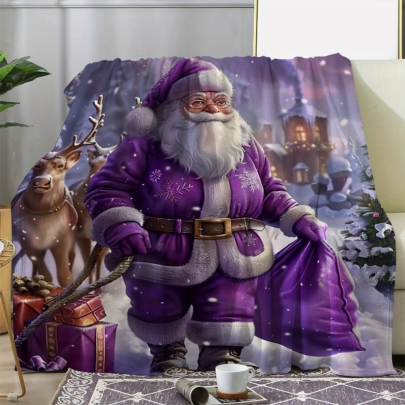 Cozy Flannel Blanket with Retro Santa Claus & Reindeer Print - Soft Warm Purple Christmas Bedspread All-Season Couch Bed Travel 75X95CM