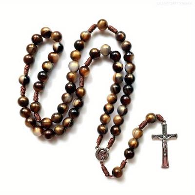 Vintage Różaniec Katolicki Koraliki do Modlitwy Naszyjnik Chrystus Jezus na Krzyż Wisiorek Naszyjnik Koralikowa Biżuteria Religijna Prezent F0T6