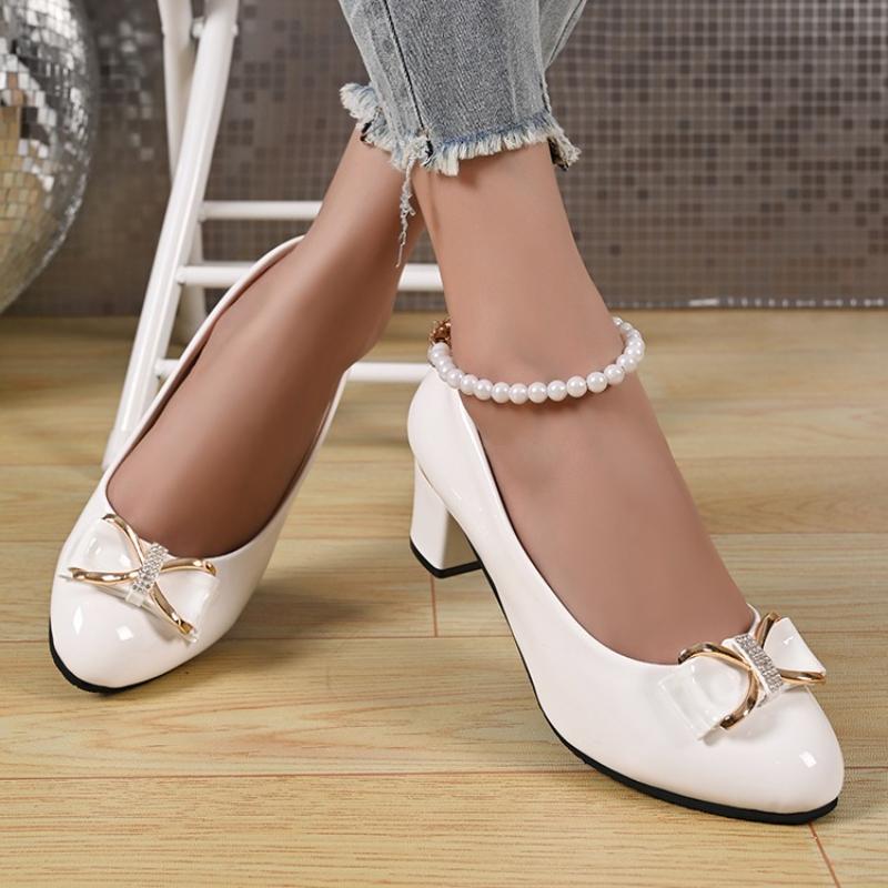 2026 Women Pumps Spring Autumn Shallow Patent Leather Heels Women Sweet Bow Round Toe High Heels Shoes Women Zapatos De Mujer