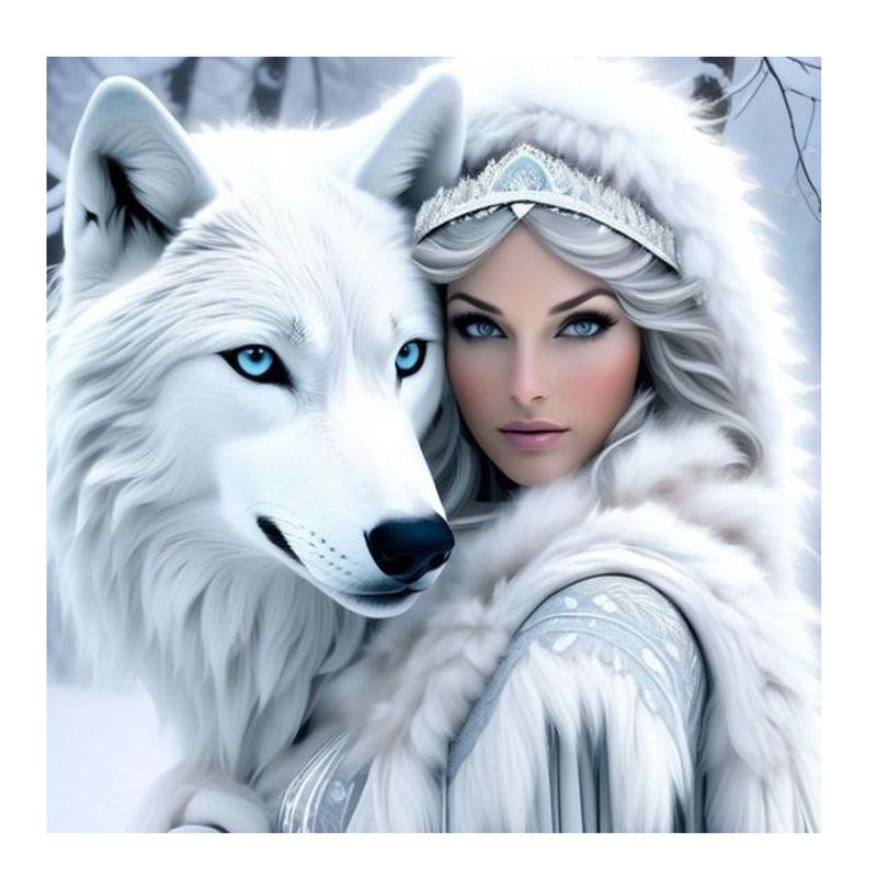 

5D DIY Алмазная картина, вышивка крестом, женщина и белый волк, полный квадратный набор для вышивки алмазами, мозаика, ремесла, украшение для дома, подарок Round 40x40cm