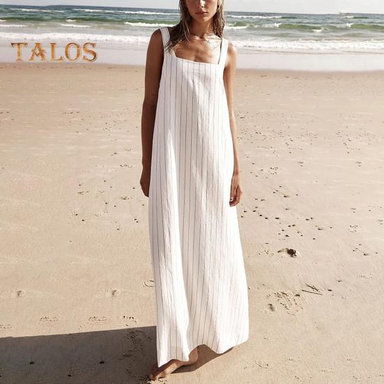 Καλοκαιρινό Γυναικείο Αμάνικο Ηλιοφόρεμα με Τετράγωνη Λαιμόκοψη, Ριγέ, Φαρδύ, Α-γραμμής, Μάξι Μήκος Αστραγάλου, Παραλίας, Μακρύ Φόρεμα για Καθημερινή Χρήση, Μετακίνηση, Ραντεβού