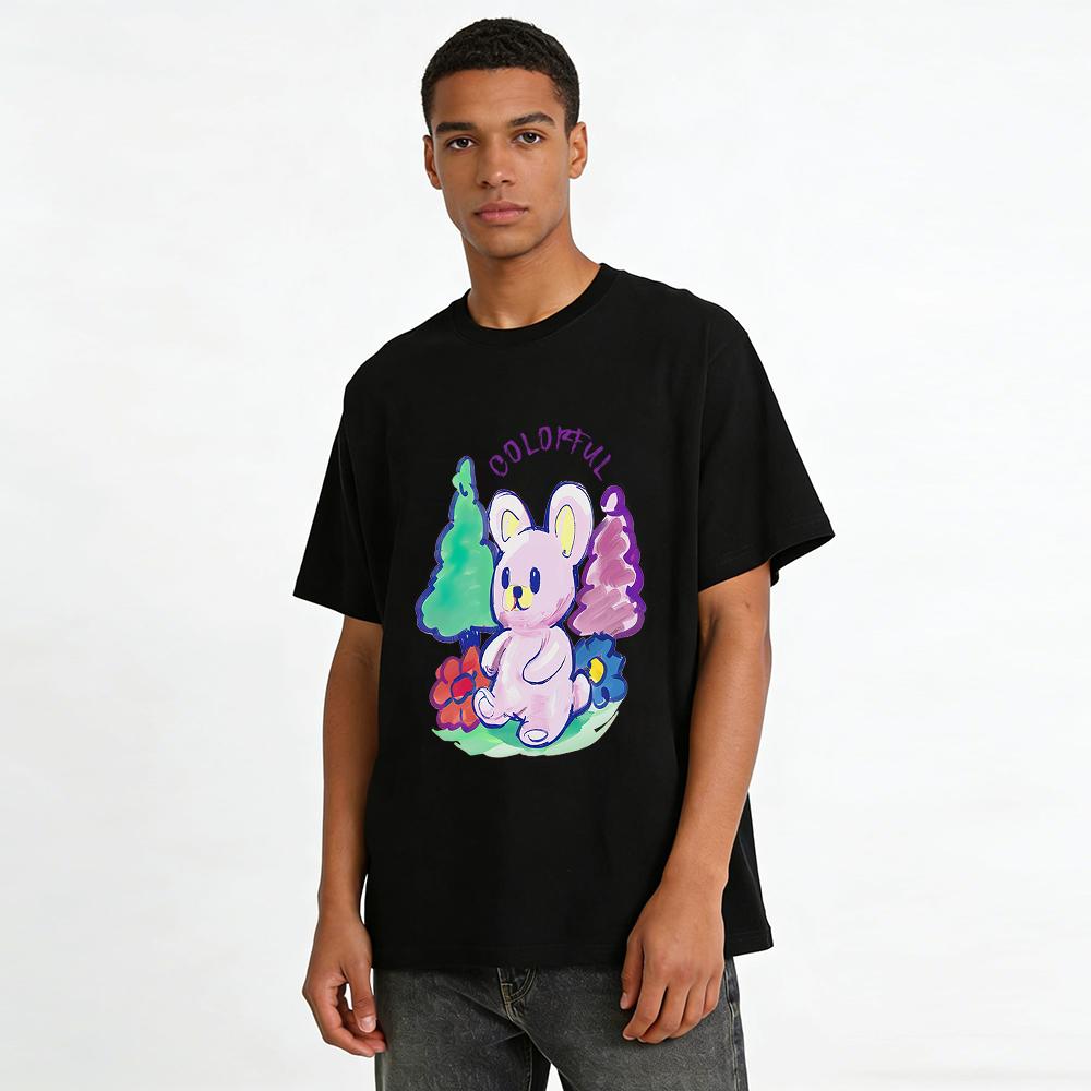 Colorful Forest Pink Rabbit Print T-shirt Casual Loose Fit Top For Adults Kids Summer Fresh Style Pure Cotton T-shirt