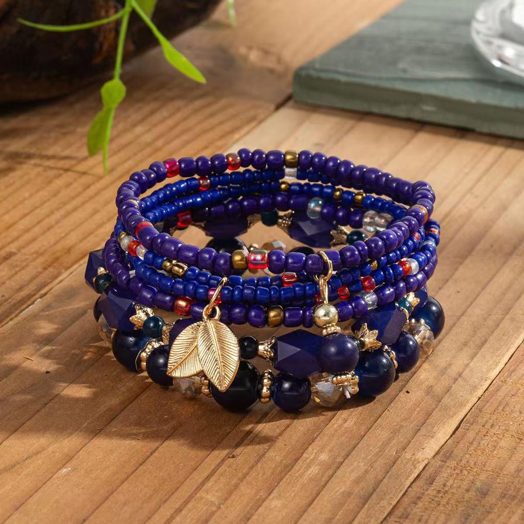 Bohemian Ethnic Layered Beaded Bracelet Set with Leaf Pendant