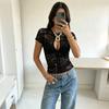 Summer European and American Style New Cardigan Single-breasted Sexy Lace Perspective Tight Hot Girl Top Wholesale Women's Clothing