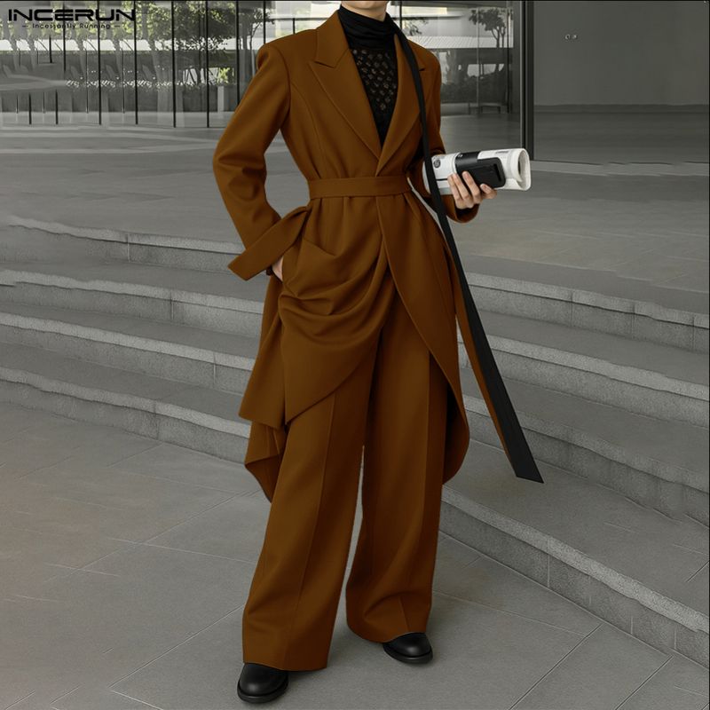 INCERUN Men Outfits Peak Lapel Long Sleeve Irregular Blazer Windbreaker Long Pants Casual Two Piece Suit Sets