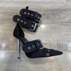 Fashion Blue Denim Metal Rivet Buckle Silvery Over Knee Boots Women Sexy Punk Style Silver Belt Buckle 12cm High Heel Sandals Size 34-43