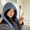Blue knitted balaclava hat women's autumn and winter warm big head circumference wool hat scarf integrated Lei Feng hat
