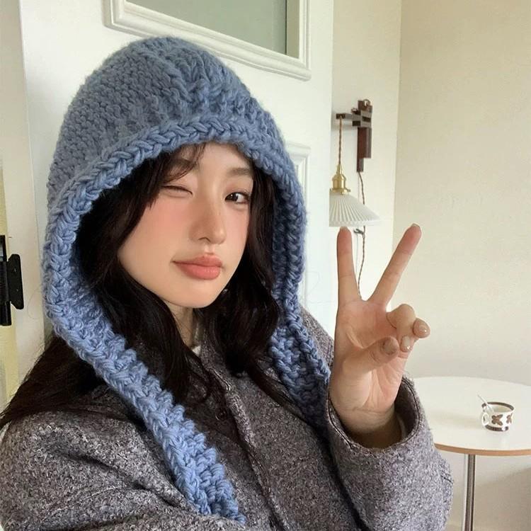 Blue knitted balaclava hat women's autumn and winter warm big head circumference wool hat scarf integrated Lei Feng hat