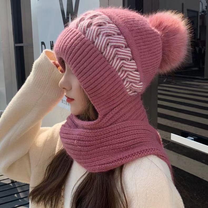 Hat Women's Scarf Integrated Autumn and Winter Warm Versatile Wool Hat Fashion Trendy Fleece Thickened Knitted Hat