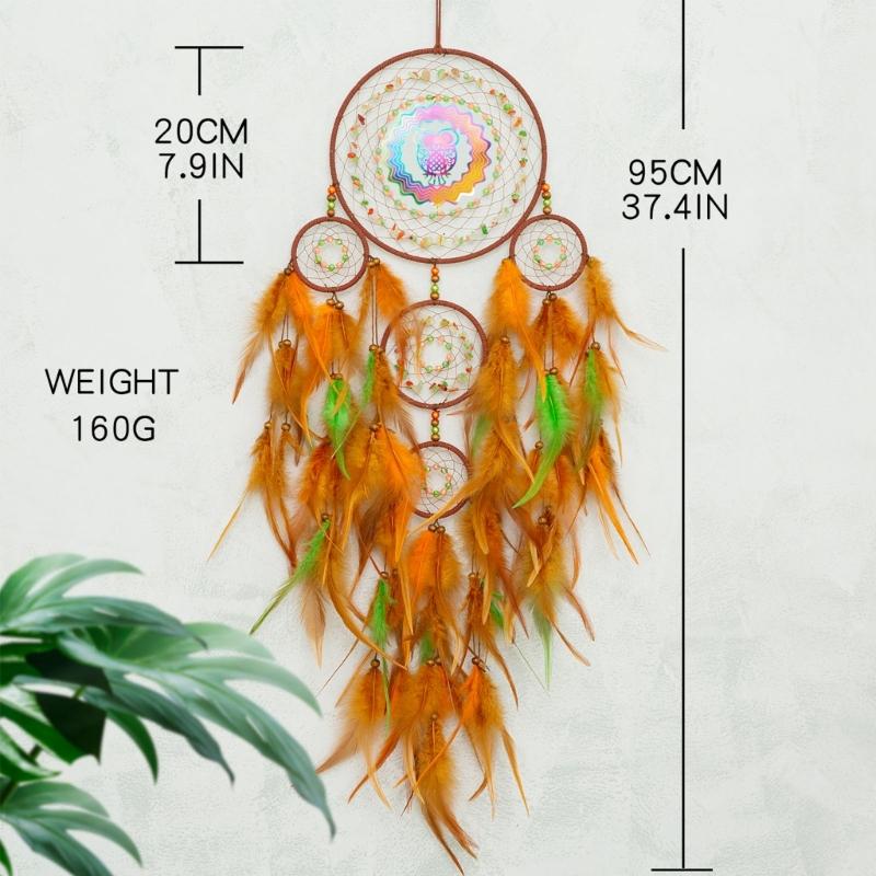 3D Rotating Colorful Owl Dreamcatchers Windchimes with Feathered Wall Hanging Decoration for Bedroom and Living Room