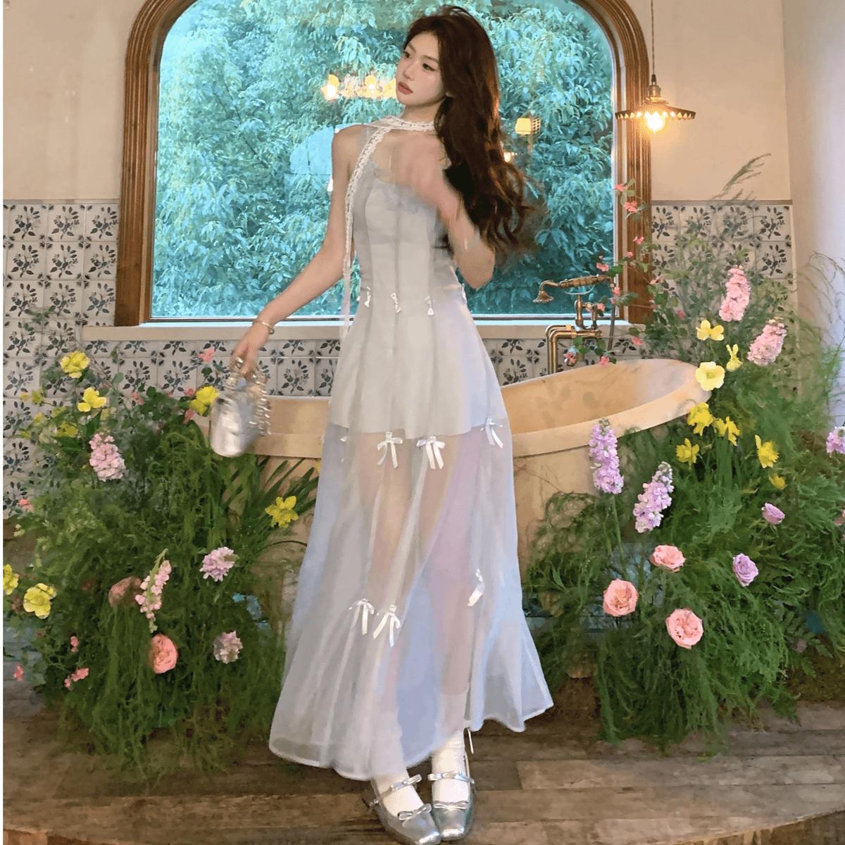 

Сексуальное кружевное платье без рукавов из сетки, длинное, с галстуком-бабочкой, летнее модное платье XL синий