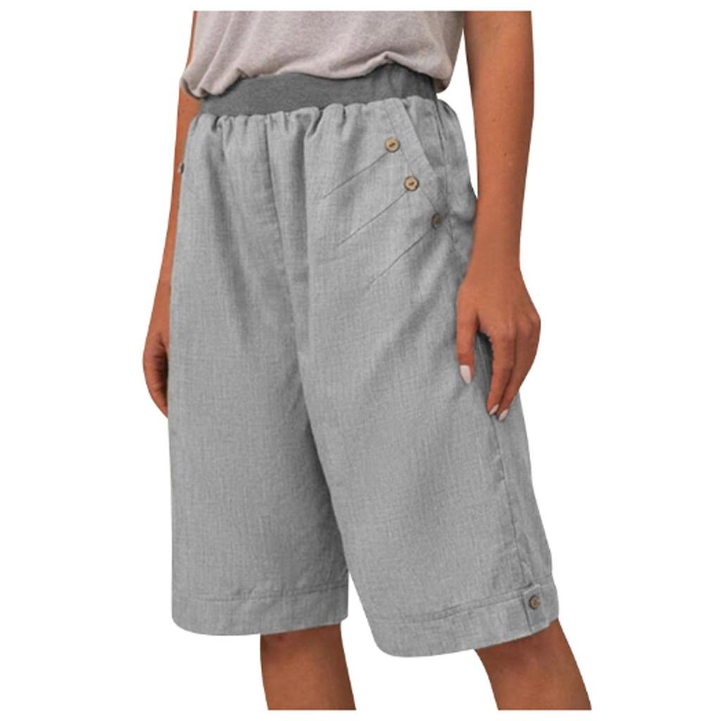 Women's Casual Pants Elastic Waist Straight-leg Pockets Summer Linen Shorts