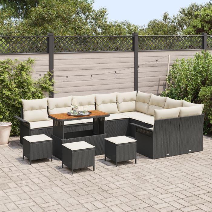 VidaXL Ensemble de Sofa de Jardin de 13 Pièces avec Coussins Noir Poly Rattan Acacia 3362180