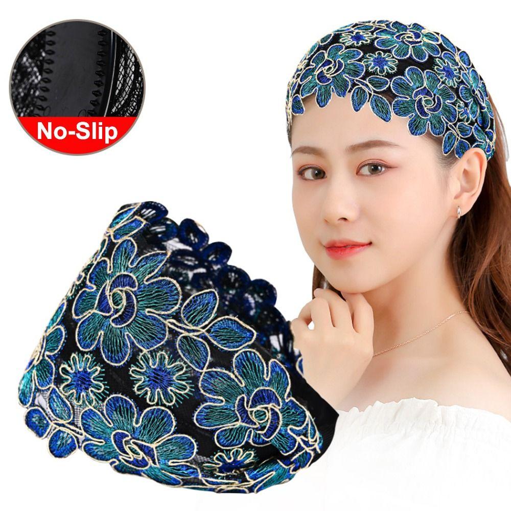 Ins Wide Side Lace Mesh Hair Band Flowers Elastic Women Lace Hairbands Non Slip Hollow Pattern Hair Hoop Hair Accessories
