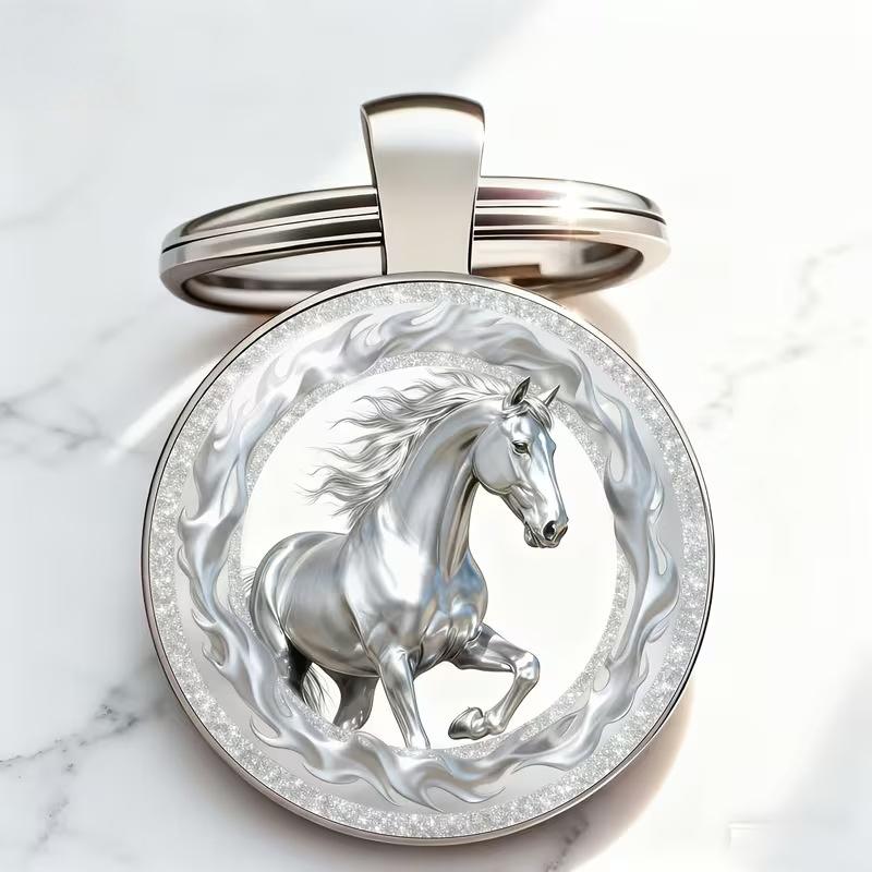 2026 Horse Year Design Dome Glass Alloy Keychain Zodiac Pony Pattern Pendant Backpack Hanging Decor Car Keyring New Year Gift