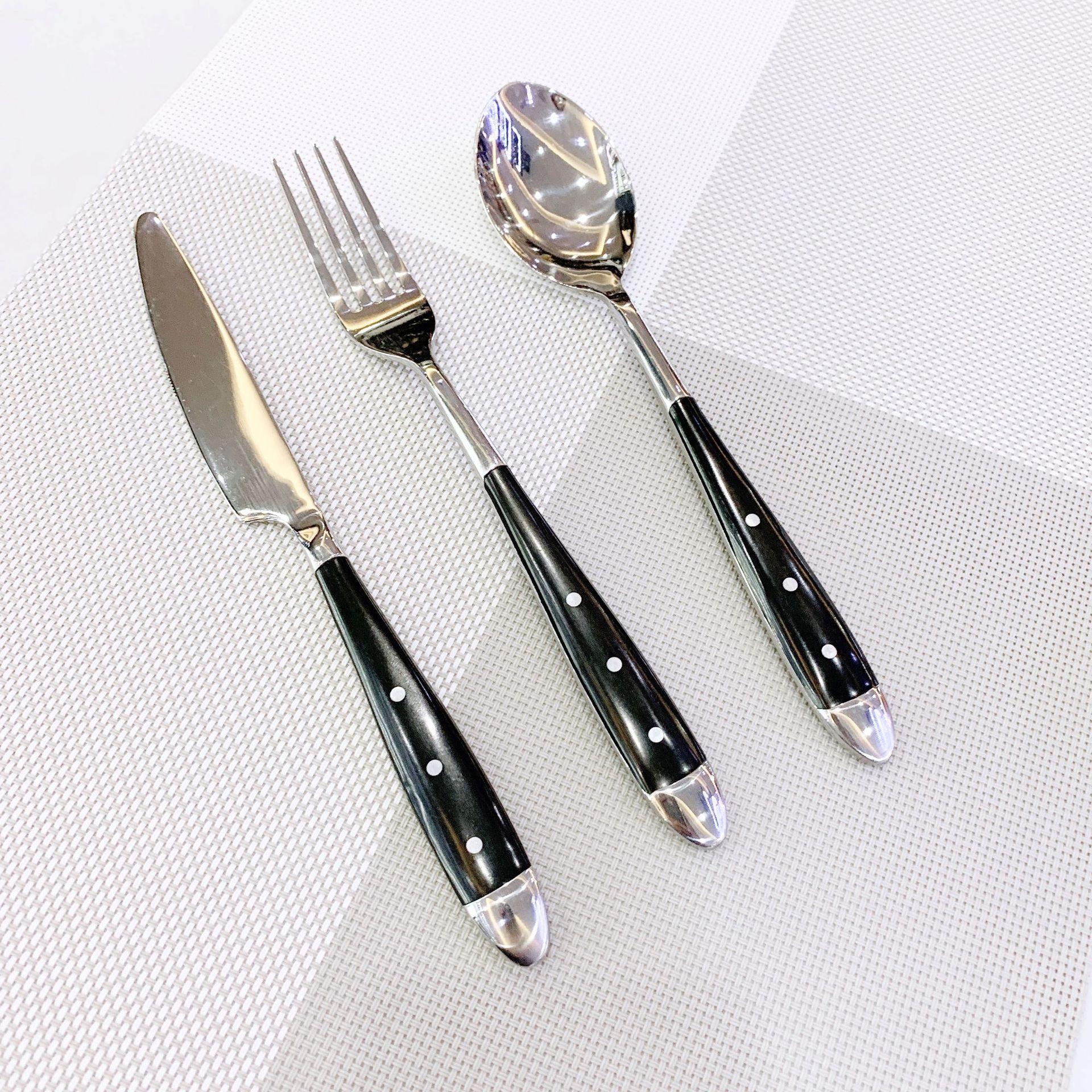 Stainless steel Western tableware set with three nails, knife, fork, spoon, black handle, stainless steel knife, fork, spoon