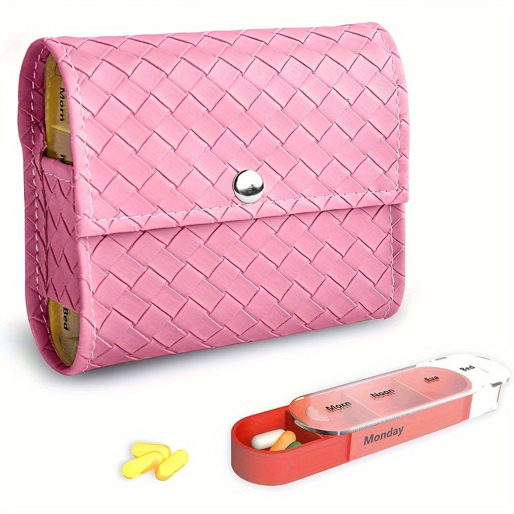 

Weekly Pill Organizer Box Case Travel Medication Reminder Daily AM PM, Day Night 7 Compartments in Leather Carrying Case розовый