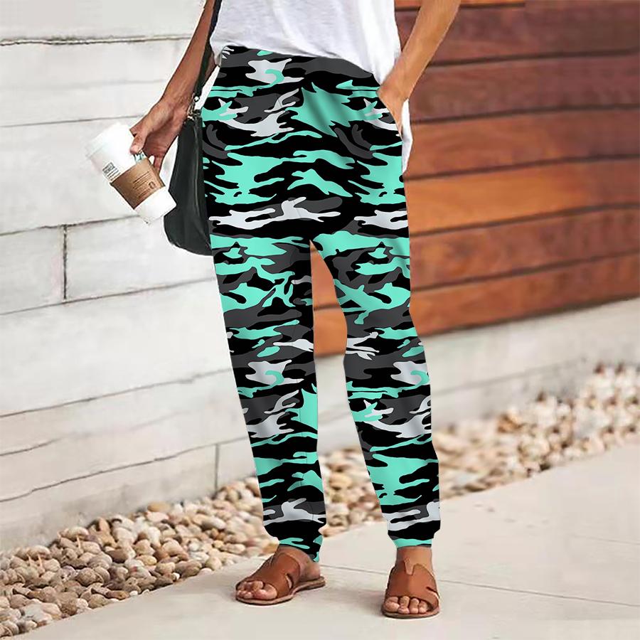 Women Camouflage Printing Pants Lace Up Elastic Waist Loose  Trousers Casual Long Pants Trousers with Pockets