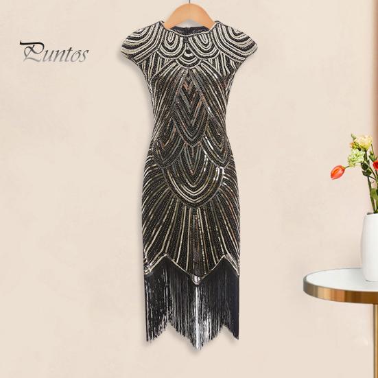 Vestito da sera vintage con paillettes da donna, senza maniche, scollo tondo, chiusura lampo posteriore, orlo con frange, a tubino, vestibilità aderente