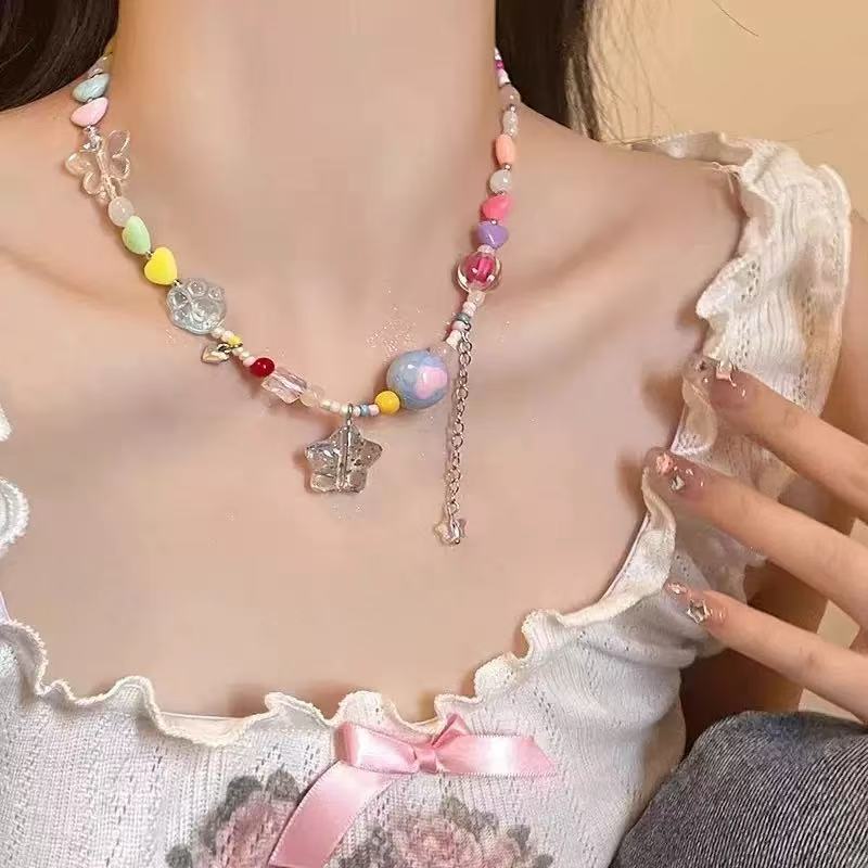 Alloy necklace, new summer five-piece colored beaded love candy necklace dopamine jewelry women