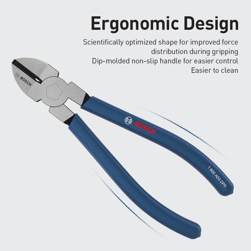 Bosch 3Pcs Pliers Set Chrome Vanadium Steel Hardened Teeth, Phosphated Black Finish, Ergonomic Dip-Molded Handles Long Nose & Diagonal Cutting Pliers