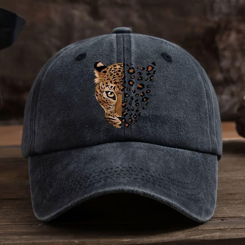 Leopard Print Washed Baseball Cap Sports Outdoor Fishing Sunshade Baseball Cap Trendy Leopard Head Print Baseball Cap, Vintage Wash Adjustable Cap Adjustable чёрный