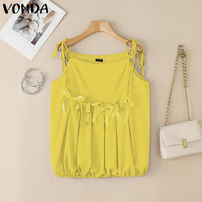 VONDA Women Summer Strap Sleeveless Bow Knot Pleated Casual Tank Tops