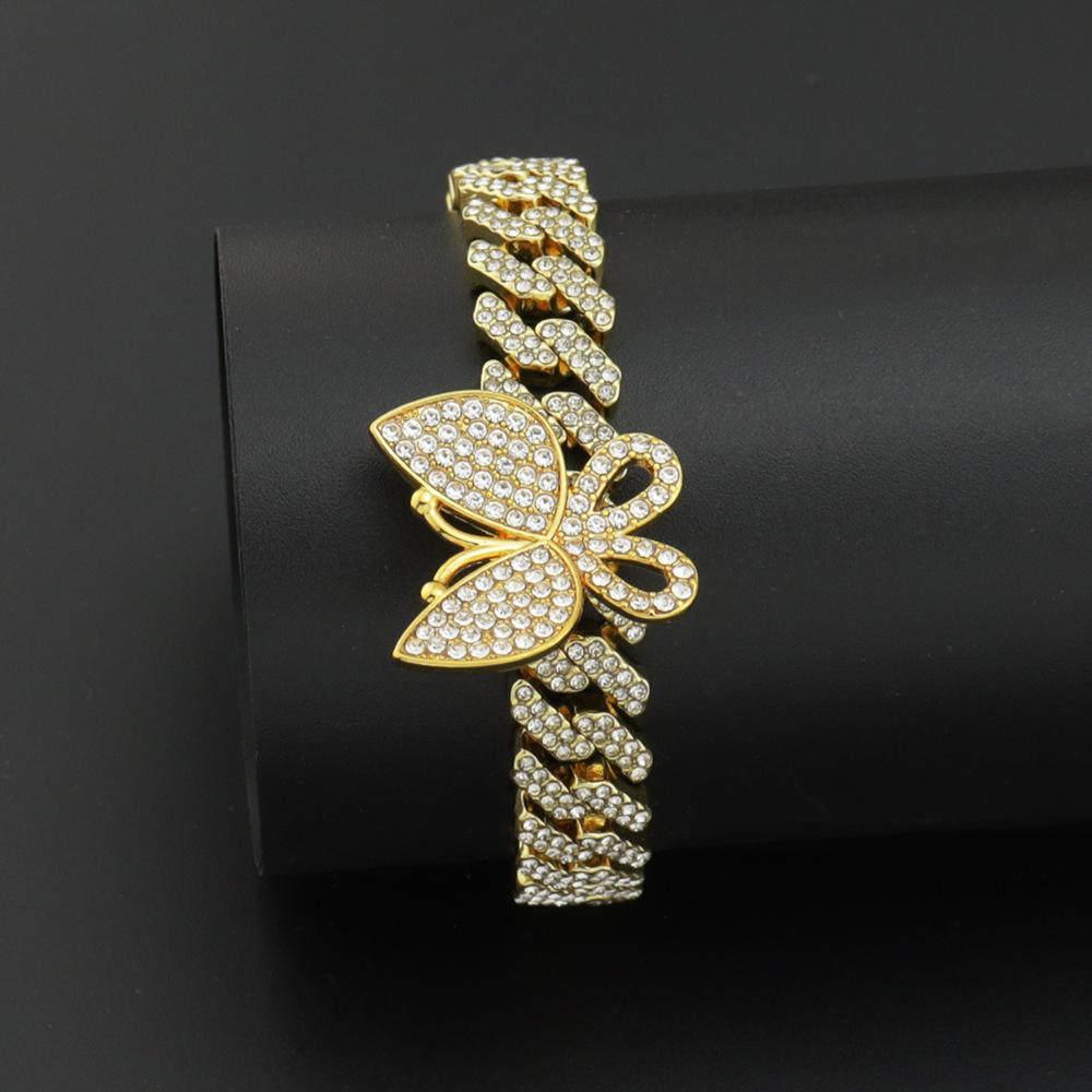 European American Hip Hop Butterfly Iced Out Bracelet, 12mm Full Diamond Rhombus Hiphop Punk Alloy Bracelet