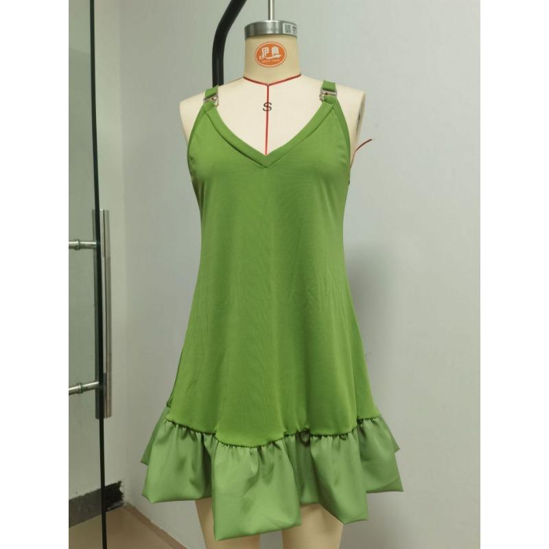 Elegant Ruffled Hem Splicing Party Dress V-neck Sleeveless Fashion Summer A-line Dress Loose Sweet Women's Casual Solid Color Mini Camisole Dresses