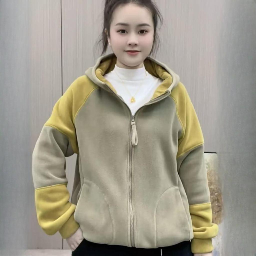 Autumn and Winter Fashion Casual All-match Double-sided Australian Fleece Warm and Age-reducing Contrast Color Hooded Long-sleeved Jacket Women