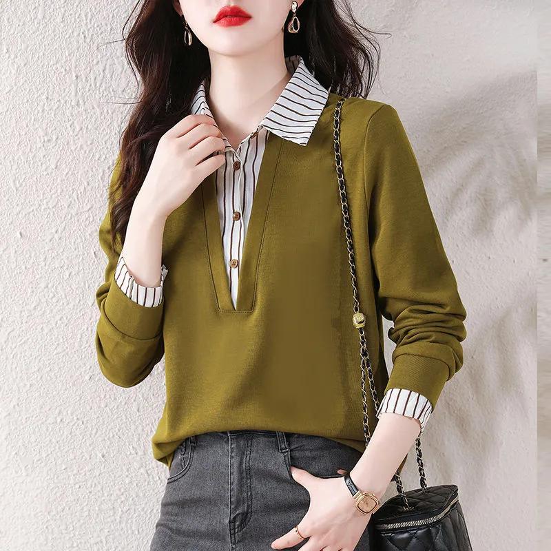 Spring and Autumn Korean Fashion Western Style Fake Two-piece Shirt Women's Long-sleeved Sweater Sweater Top Bottoming Shirt