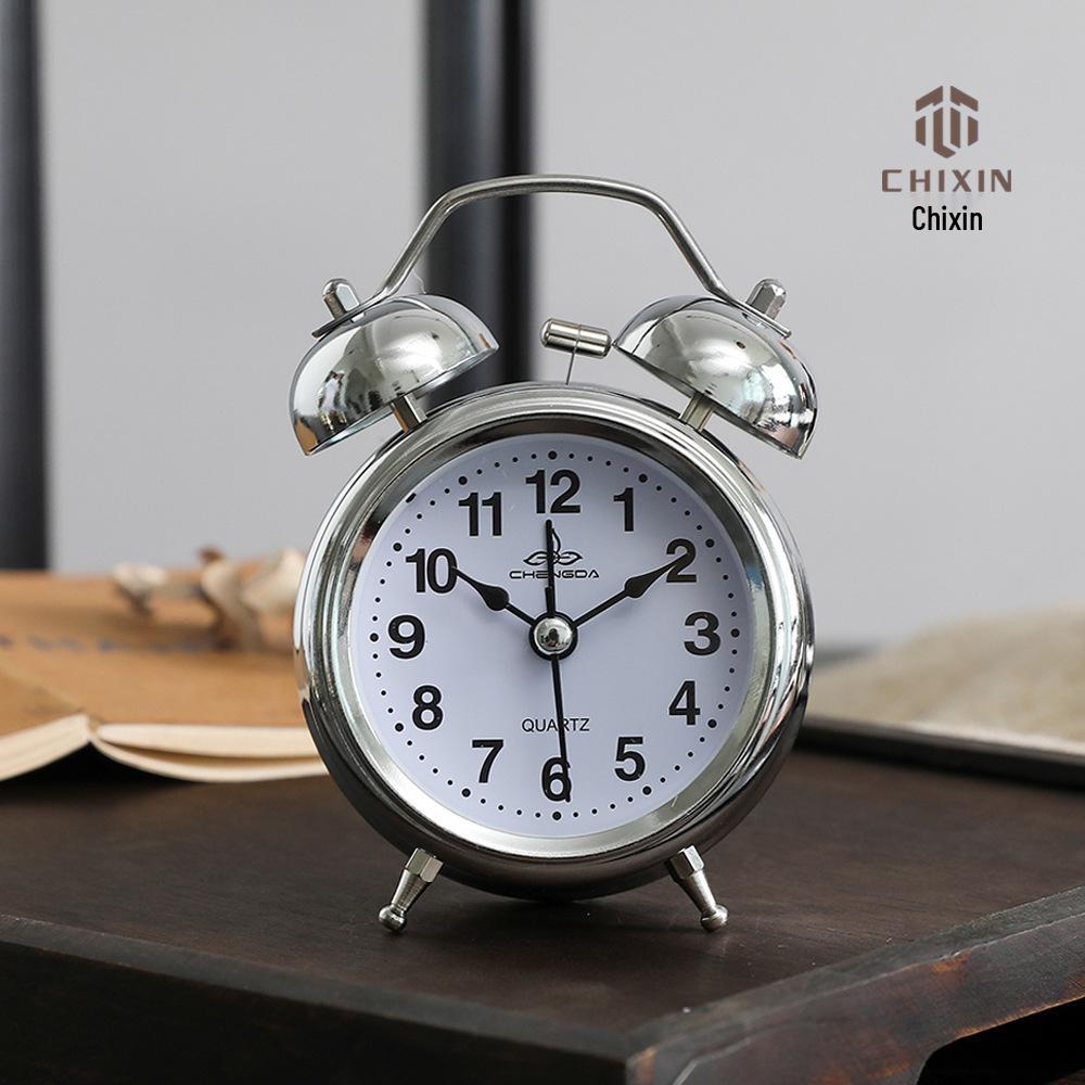 3-inch Retro Silver Ringing Metal Alarm Clock with Night Light - Stylish, Multifunctional Bedside Clock for Students