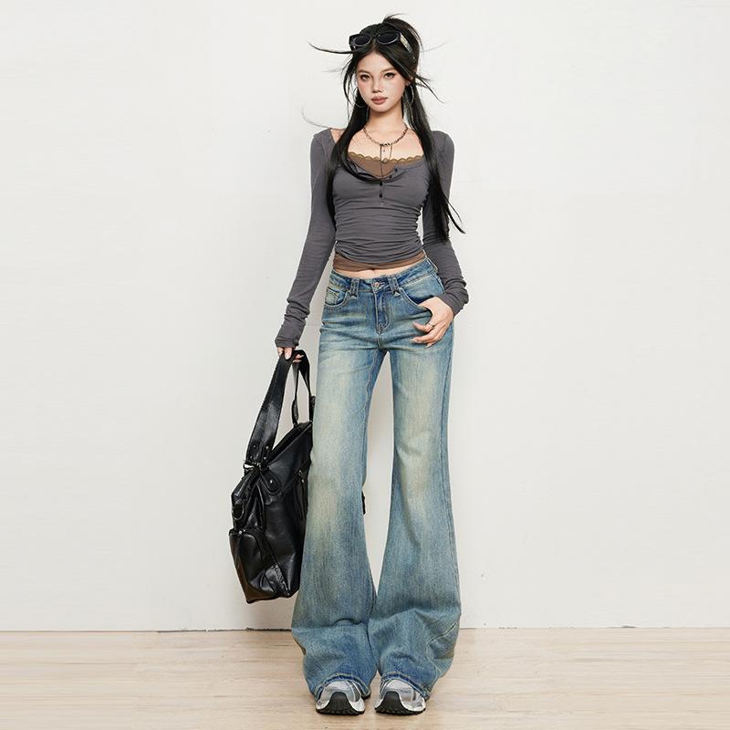 Spice Girl American micro-pull jeans women's autumn and winter new low-rise elastic and thin versatile horseshoe flared pants