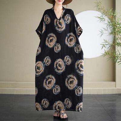 Krátky rukáv Bavlnené vintage kvetinové novinky v nadmernej veľkosti pre ženy ležérne voľné Maxi dlhé letné šaty