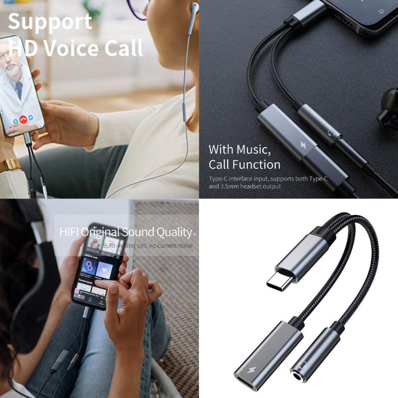 2 in 1 Type C to Auxiliary Plug Dongle Cable Type C to 3.5mm Sound & Charging Adapter for Music & Charging for Phone