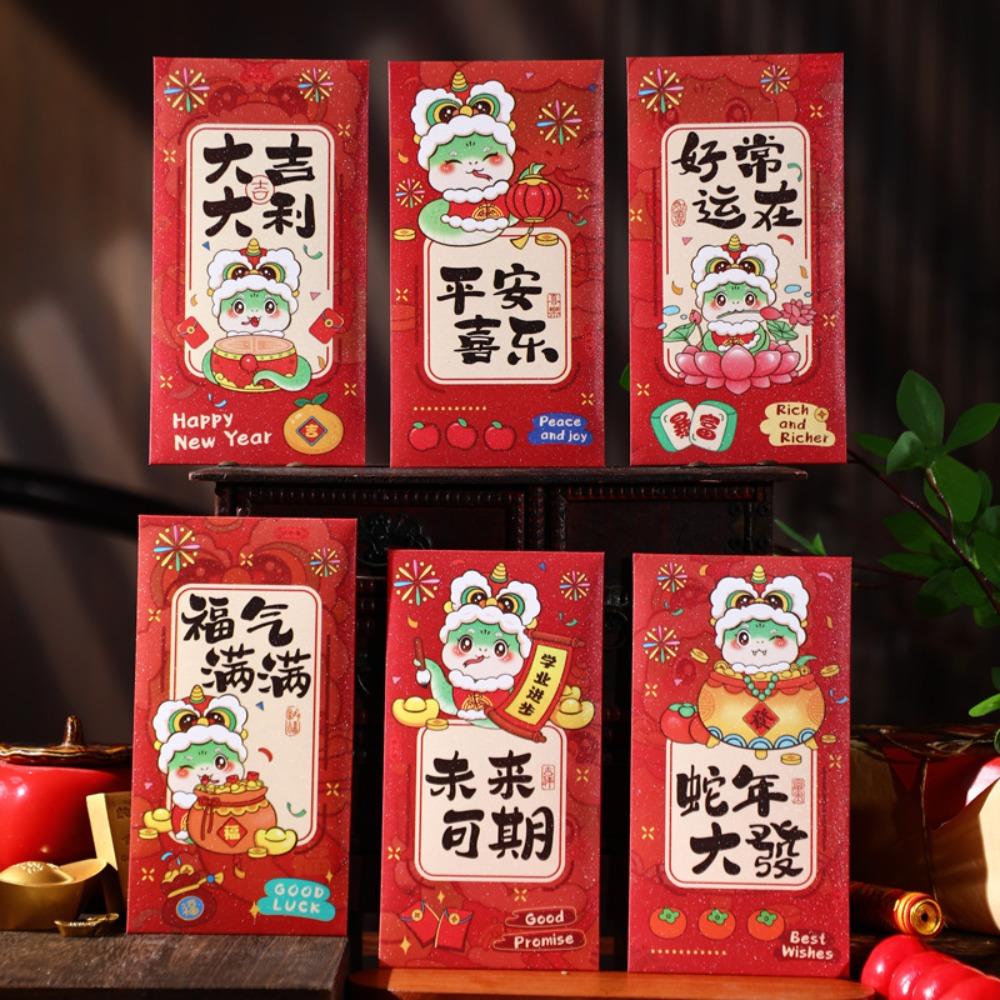 6 Stück Traditionelle 2025 Jahr der Schlange Rote Umschläge Hongbao Roter Umschlag Neujahr Glücksgeldbeutel Bonus