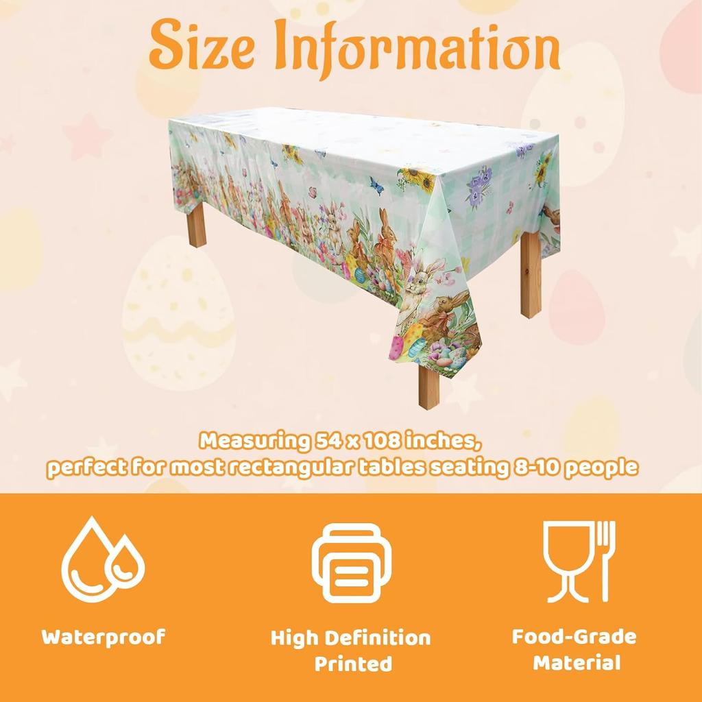 3 Pcs Easter Tablecloths, Disposable Plastic Table Cover for Party Dinner Decor, 54 x 108 Inch Rectangular(Bunny Floral Eggs)